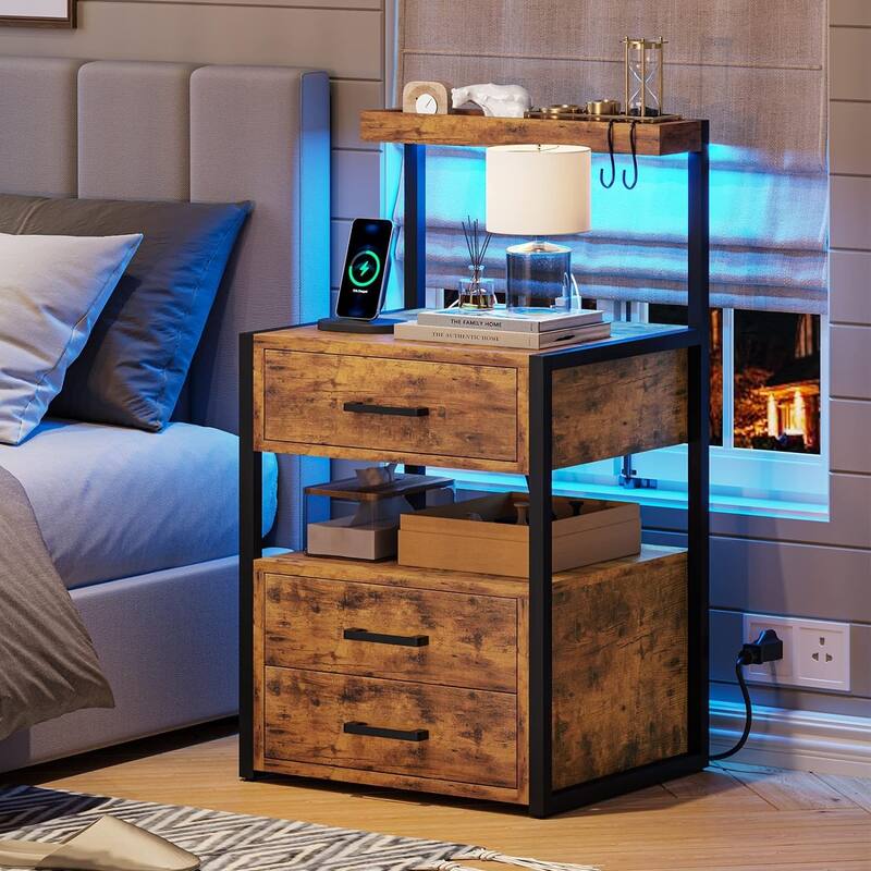 Nightstand Charging Station LED Lights End Table 3 Drawers