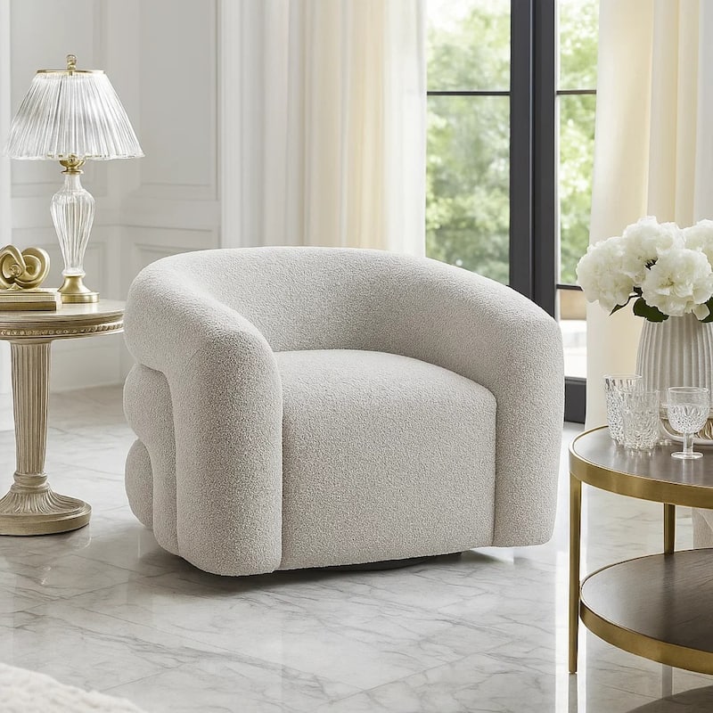 Dera Swivel Accent Chair, Sculpted Barrel Back, Foam Fill, Gray Boucle