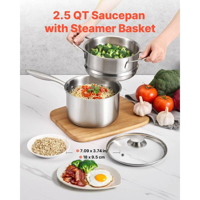Silver 2-in-1 Aluminum Saucepan with Steamer Insert Oven Safe for Daily Use