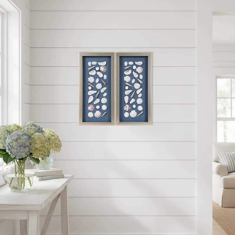 American Art Decor 2-Piece Coastal Seashell & Sea Glass Shadowbox Framed Wall Art Set