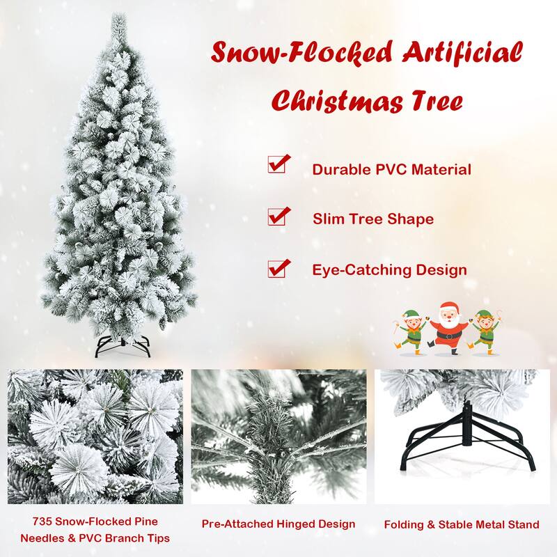 Gymax 5/6/7 FT Artificial Hinged Christmas Tree Snow-Flocked Xmas Tree - See Details