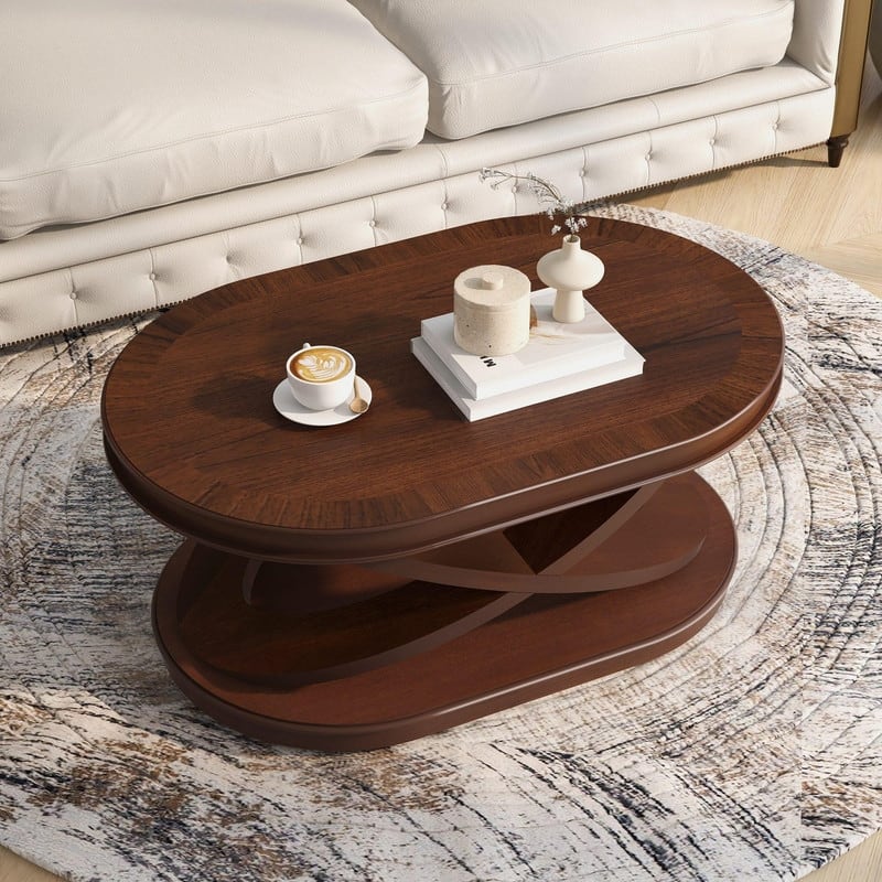 Solid Wood Oval Coffee Table with X-Shaped Base for Living Room Use