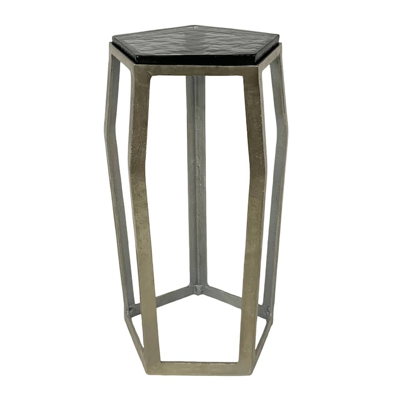Marble Side Table Metal Frame Modern Narrow Accent for Home Decor - Silver/ Black - Glass - 15" x 15" x 26"