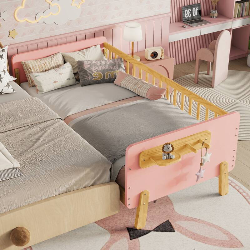 Kids Wood Platform Bed with Guardrails, Bottle Holder and 2 Hanging Rod, Convertible Toddler Daybed, Low Profile Design Frame - Pink - Twin