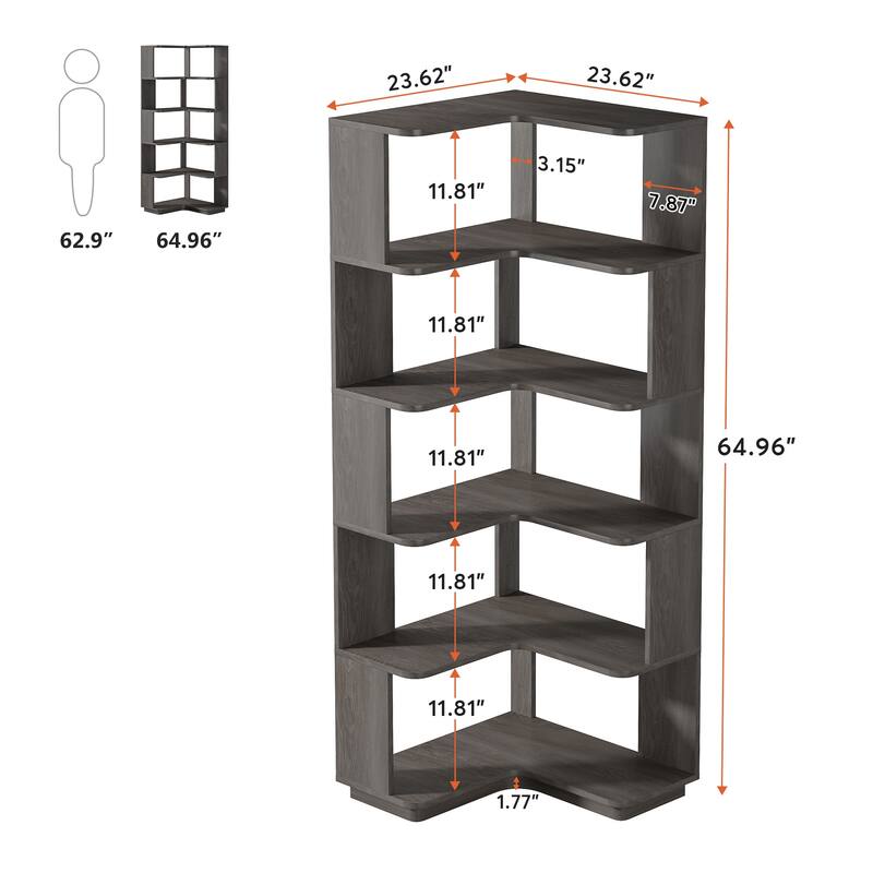 6-Tier Corner Bookshelf, 64.9 Inch Industrial Bookcase with Baffles