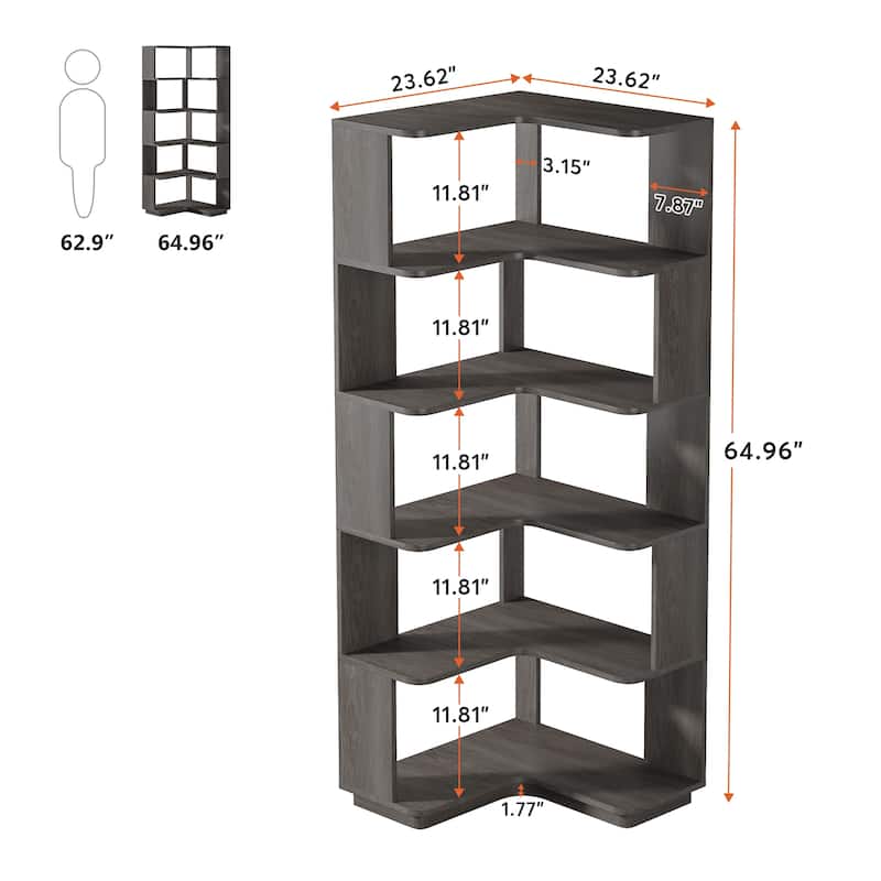 6-Tier Corner Bookshelf, Modern Bookcases for Home Office, Living Room - 23.62" D x 23.62" W × 64.96" H