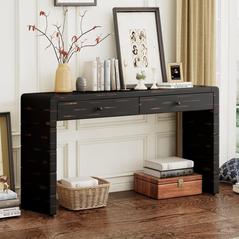 55" Console Table with Storage Drawers, Wooden Entryway Table with Curved Edged
