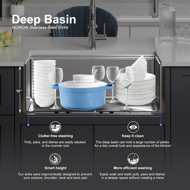 HOROW 16G Stainless Steel 30 in. Single Bowl Undermount Workstation Kitchen Sink with Cutting Board, Bottom Grid, Strainer