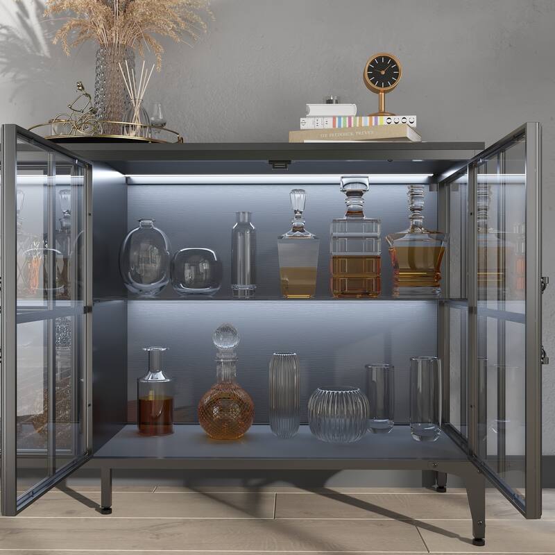 63" Black Glass Door Sideboard Cabinet with LED Lights, Metal Frame Storage Buffet Cabinet Wine Cabinet