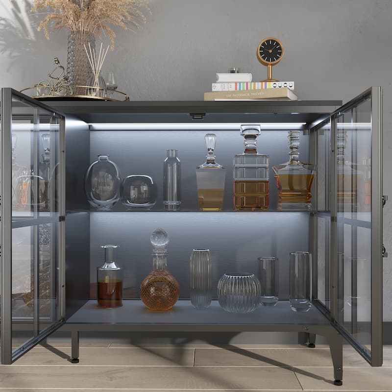 Buffet LED Light Industrial Glass Sideboard with Metal Frame and Tempered Glass Doors