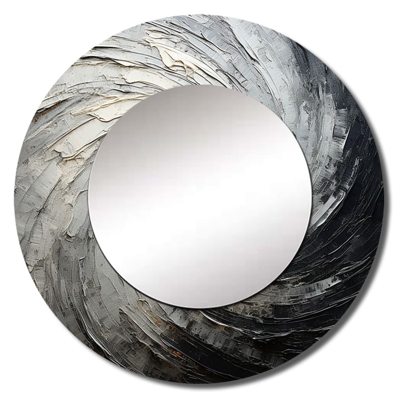 Designart "Grey Black Meditative Movement" abstract spirals Round Bathroom Mirror - grey Modern Round Wall Décor