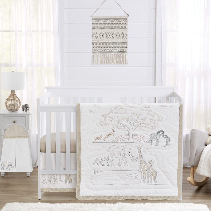 Jungle Safari Animals Nursery Crib Bedding Set Brown Taupe Black and White Gender Neutral Elephant Wildlife Adventure Serengeti
