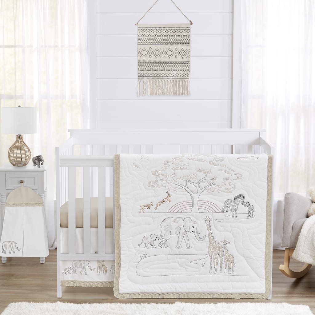 Jungle Safari Animals Nursery Crib Bedding Set Brown Taupe Black and White Gender Neutral Elephant Wildlife Adventure Serengeti