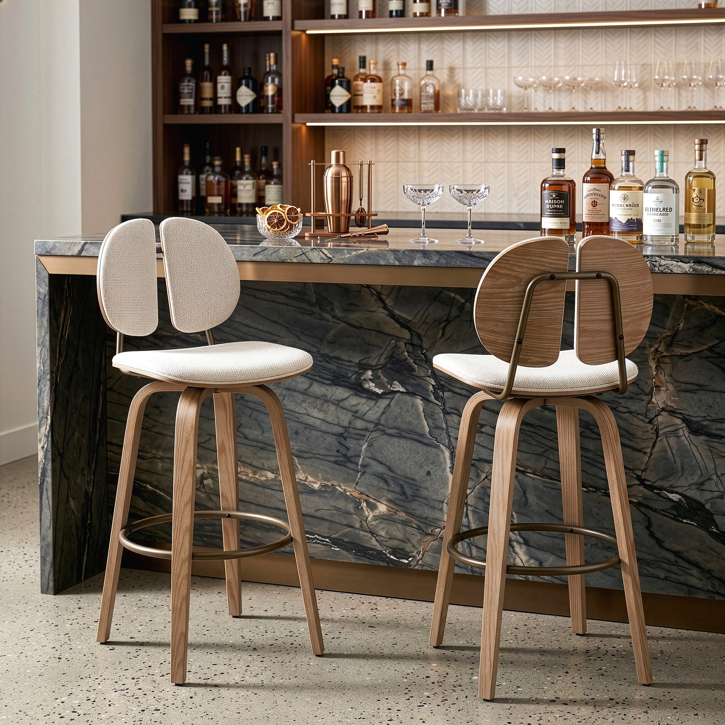 Betrys Beige Woven Fabric Swivel Bar Stool with Wood Legs (Set of 2)