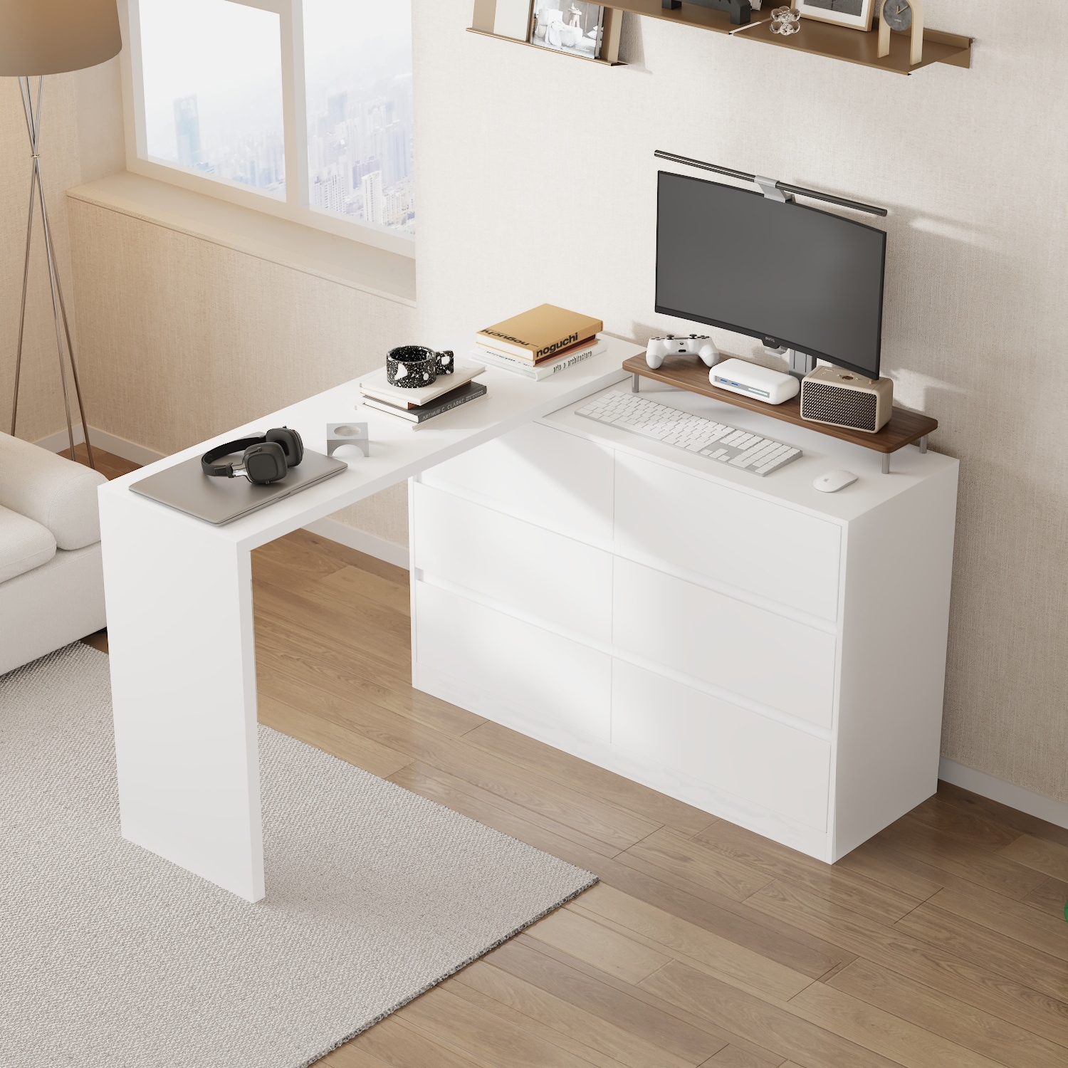 dresser desk TAMUNE L-Shaped Dressing Table with 6 Drawers, Extendable Vanity and Combo, Wood Vanity Dresser Makeup Desk, Wide Desktop, for Bedroom Dressing Room White (51.2W x 47.2D x 32.7H) The natural wood veneer exudes timeless elegance FUFU&GAGA 6-Drawer L-Shaped Dresser with