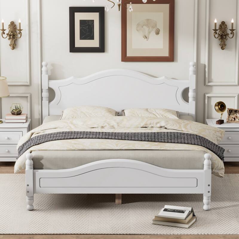 Queen Size Wood Platform Bed Frame,Retro Style Platform Bed with Wooden Slat Support - White