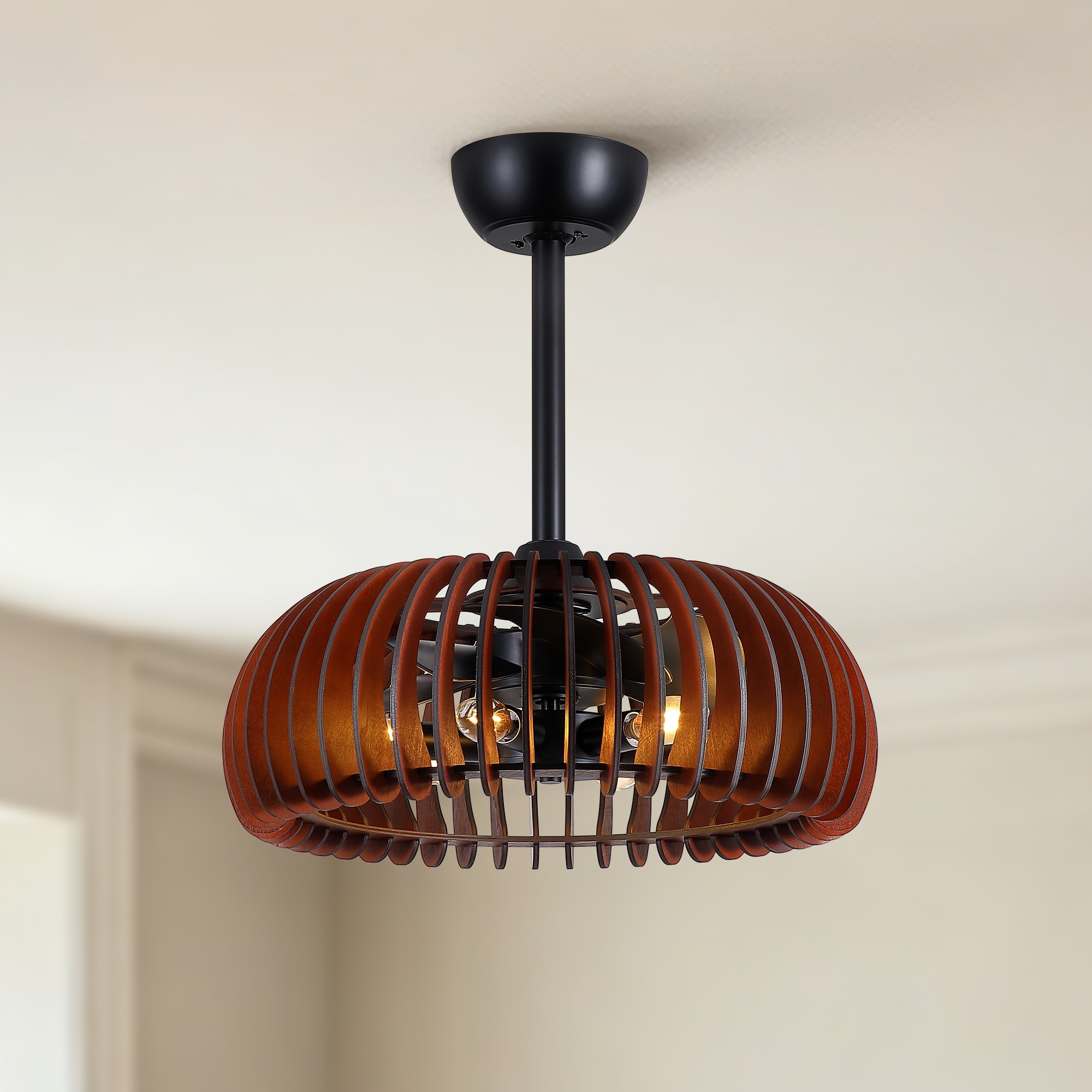 20"Pumpkin Wood Ceiling Fan,Plywood Fandelier with 6 E12 Sockets,Reversible DC Motor,Adjustable Hanging,6 Speeds,Remote Control