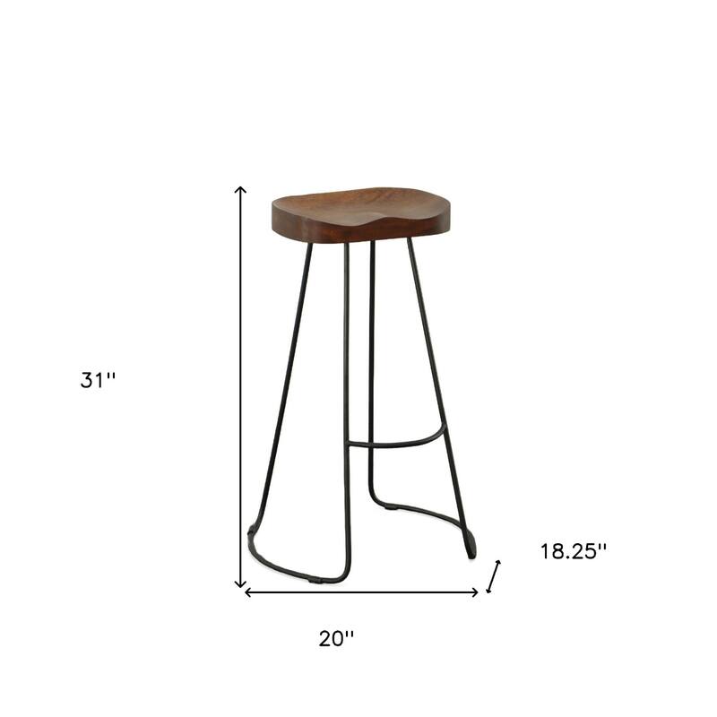 Set of Two 31" Chestnut and Black Solid Wood and Steel Backless Bar Height Bar Chairs