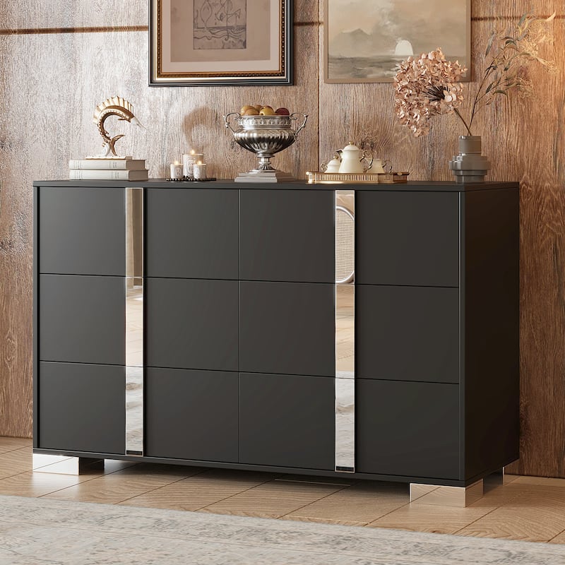 Elegant Modern Dresser With Metal Handle,Mirrored Storage Cabinet With 6 Drawers