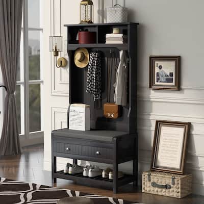 3-in-1 Design Hall Tree with 4 Hooks,Hinged Lid,Coat Hanger and Storage Bench