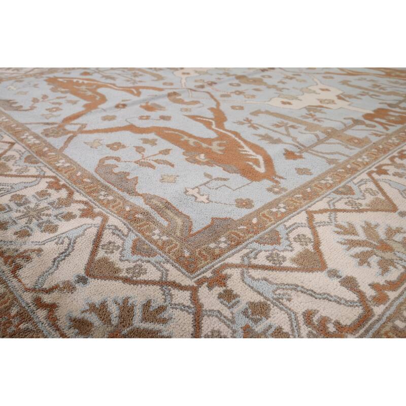 Light Blue Oushak Indian Area Rug Hand-Knotted Wool Carpet - 8'1"x 9'11"
