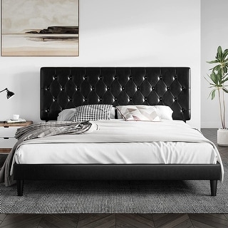 King Faux Leather Upholstered Bed with Button Tufted Headboard, Black ...