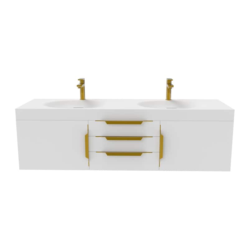 Thames 60" Shallow Basin Wall Mounted Bathroom Vanity Set w/ White Top - White - Gold Finish