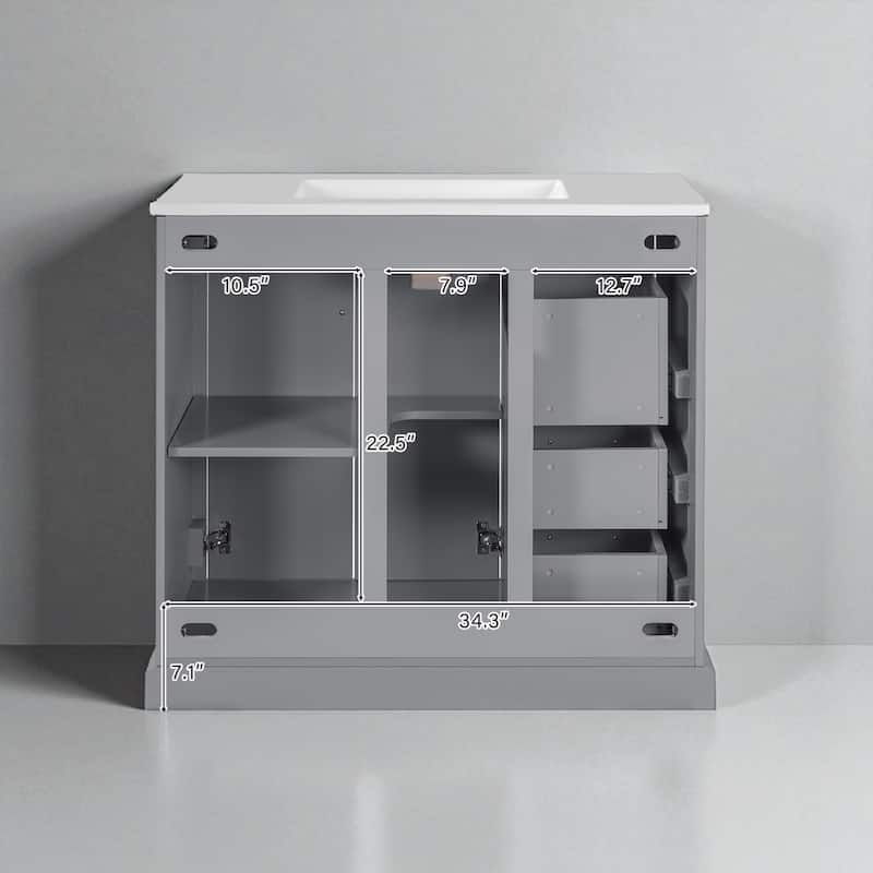36" Modern Bathroom Vanity with Ceramic Sink, Soft-Close Doors & Ample Storage, 3 Drawers and Adjustable Shelf