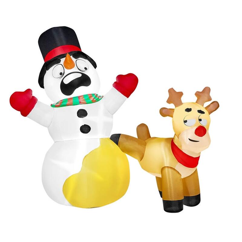 6.6 FT Long Christmas Inflatable Reindeer Peeing on Snowman, Blow Up Inflatables with Build-in LEDs - Multicolor