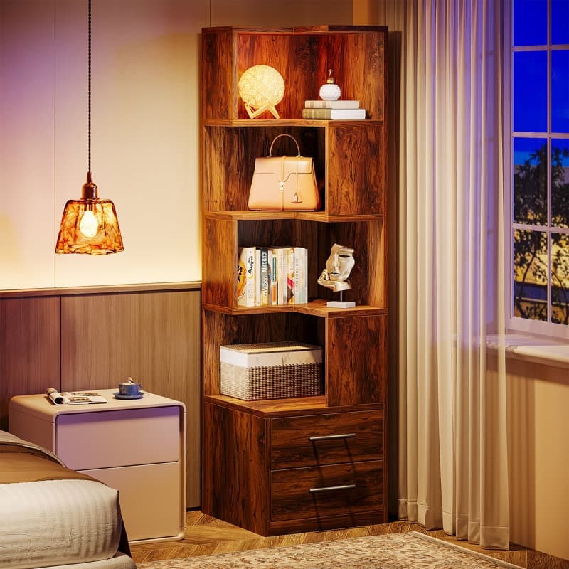 66.9-Inch Wood Corner Bookshelf Bookcase Cabinet for Home Office