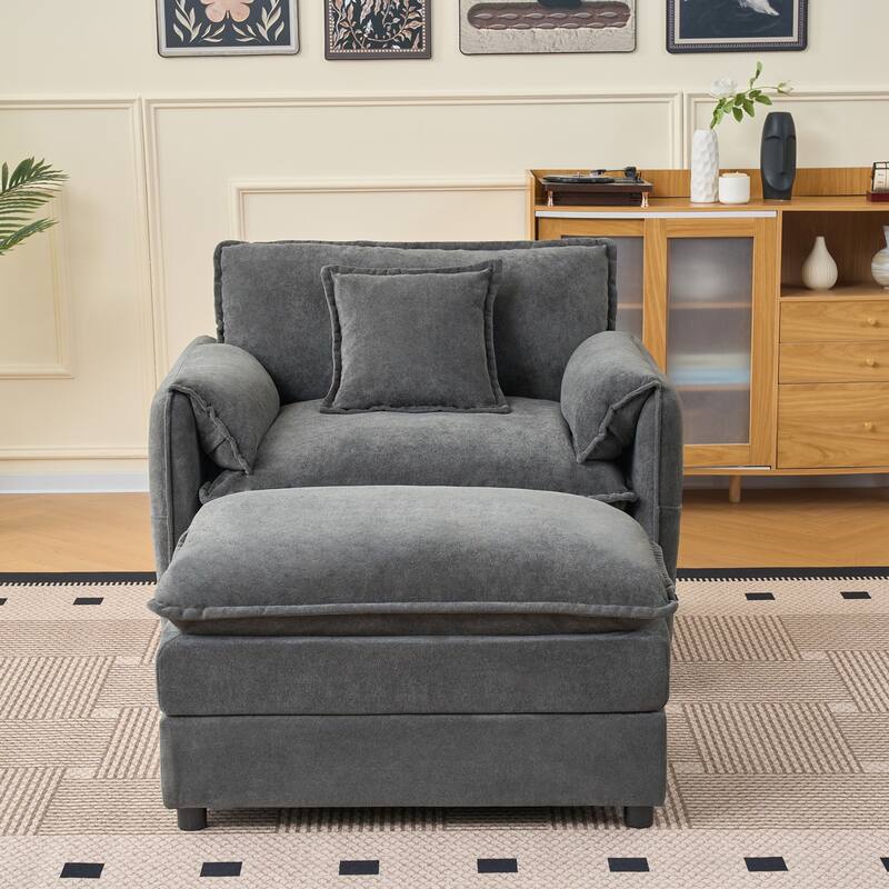 Chenille Upholstered Accent Chair / Oversized Single Sofa Lounge Chair / Deep Seat Reading Sofa Armchair - Grey+Ottoman