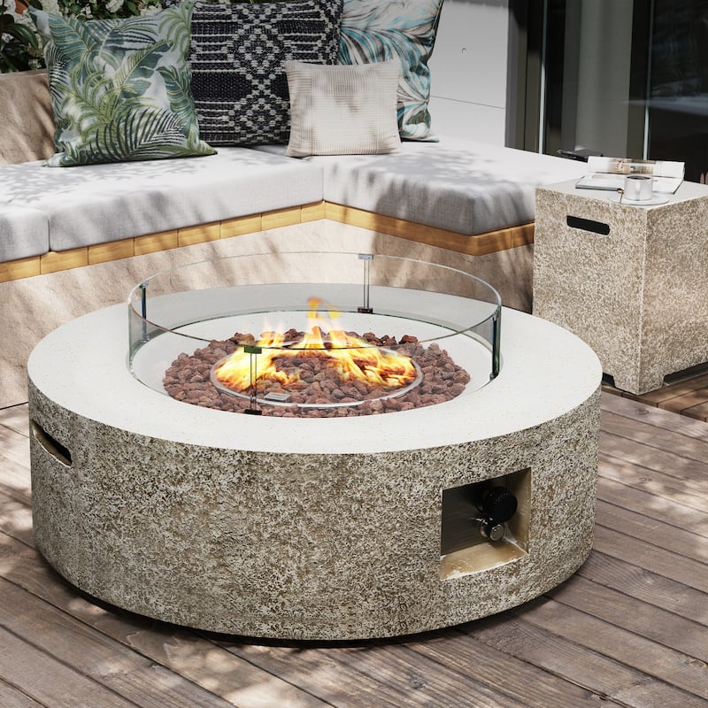 Patio Watcher 42in. Outdoor Round Magnesium Oxide Fire Pit Table with Gas Tank Cover and Wind Guard