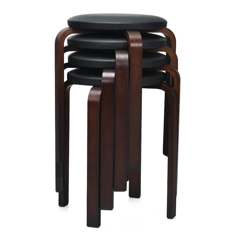 Set of 4 Bentwood Stools Backless Round Stools with Cushioned Seat - Black