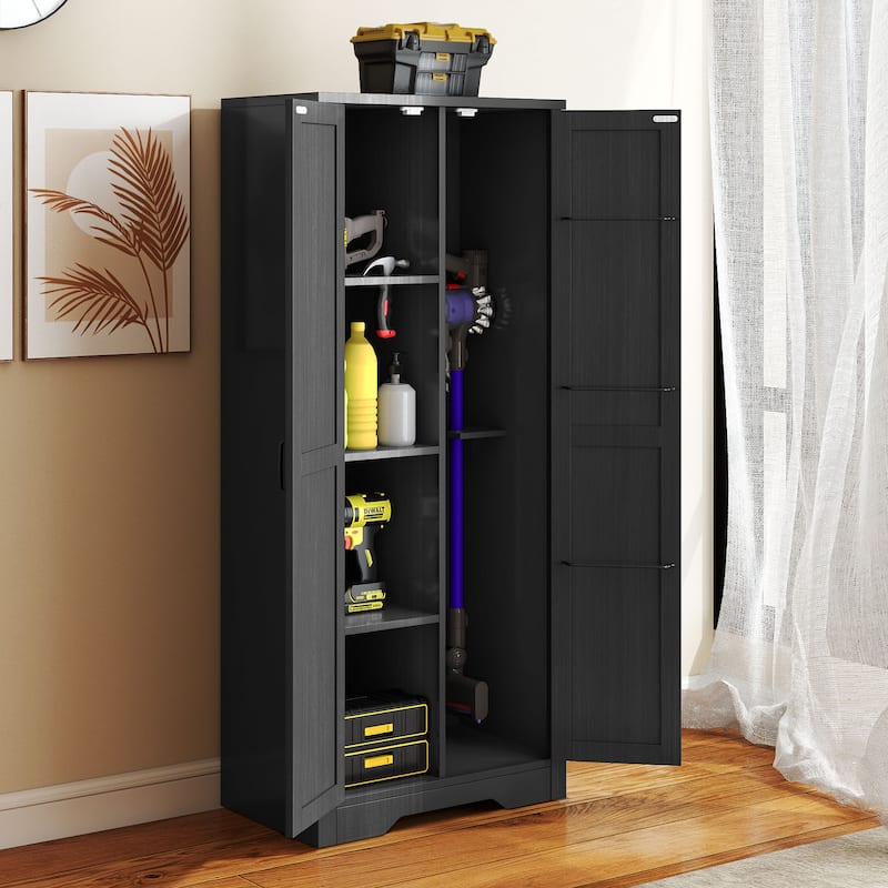 Moasis Broom Closet Storage Cabinet with Doors and Shelves for Farmhouse Organization - Black