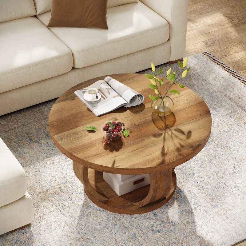 31.5-Inch Round Coffee Table, 2-Tier Circle Center Table - Brown