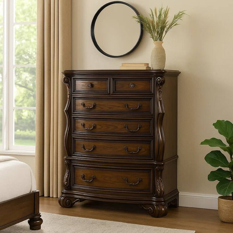 Leova Tall Dresser Chest, 6 Drawers w Ornate Molding, Brown Asian Hardwood