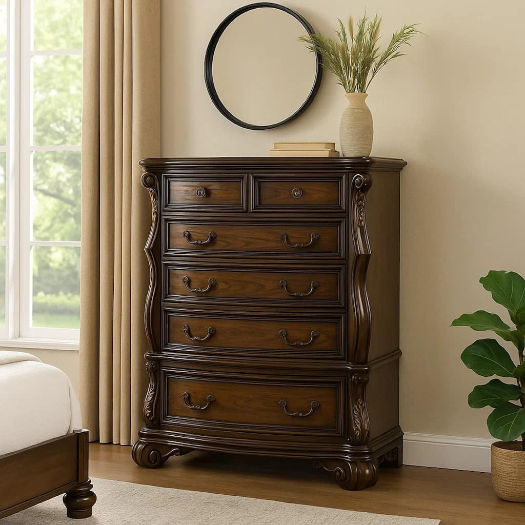 Leova Tall Dresser Chest, 6 Drawers w Ornate Molding, Brown Asian Hardwood