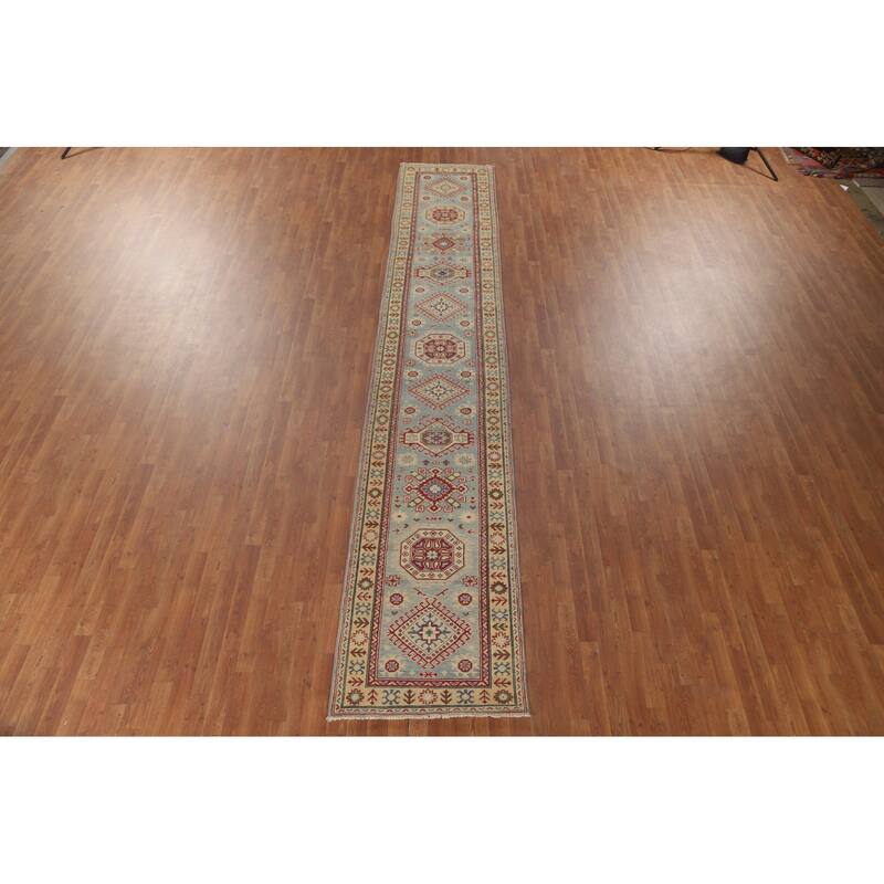 Blue Kazak Runner Rug Handmade Oriental Wool Carpet - 2'8" x 15'8"