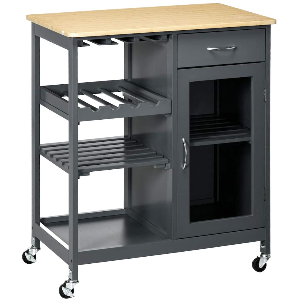 30" Rolling Kitchen Island with 4 Bottles Wine Rack and Stemware Holder