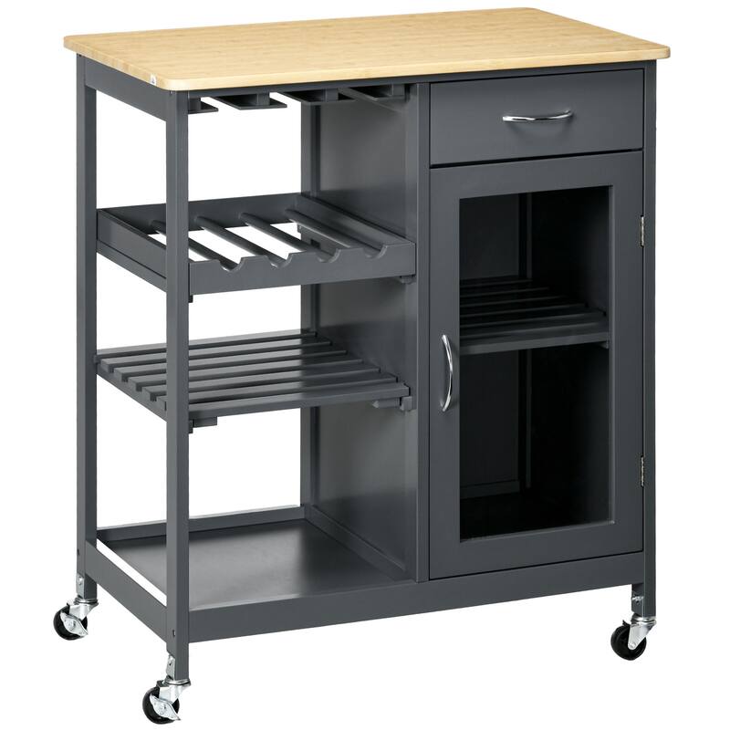 Rolling Kitchen Island with Storage, Kitchen Cart with 4-bottle Wine Rack, Stemware Holder, Shelves, Drawer and Cabinet - Grey