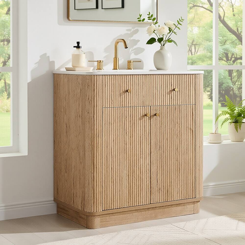 Fluted Bathroom Vanity with Sink, Storage Cabinet & Adjustable Shelf