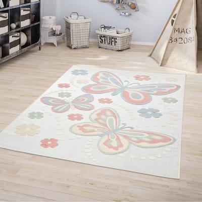 Kids Rug Colorful Playmat with Butterflies & Flowers in Cream