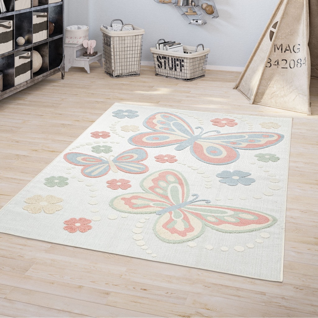 Kids Rug Colorful Playmat with Butterflies & Flowers in Cream