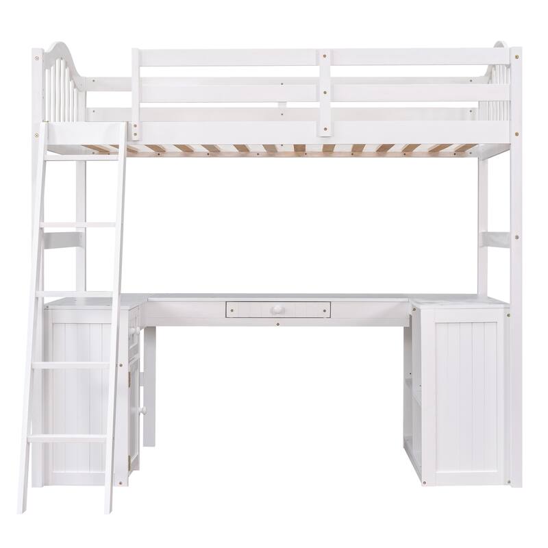 Loft Bed with Drawers, Cabinet, Shelves and Desk, Wooden Loft Bed with Desk