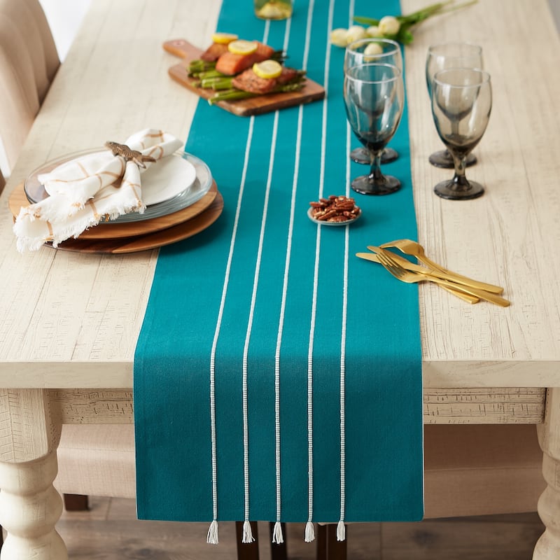 Gray and White Stripe Tassel Table Runner 14x72
