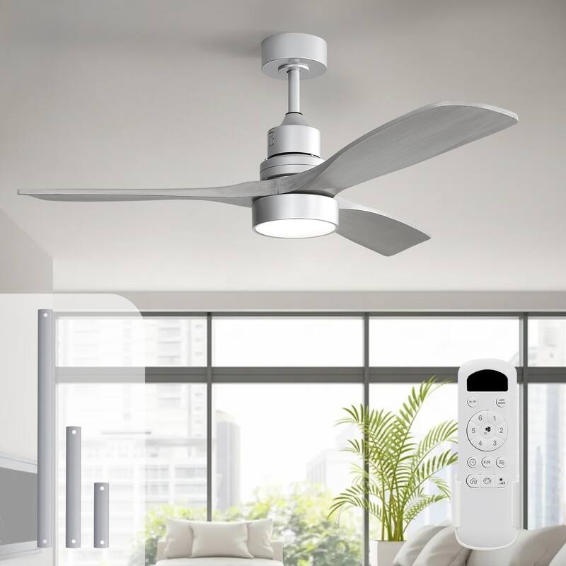 52" Solid Wood Noiseless 3-Blade Ceiling Fans with Dimmable LED Light Optional and Remote, 6-Speed Reversible DC Motor - Silver and Grey Solid wood Blades/With lights