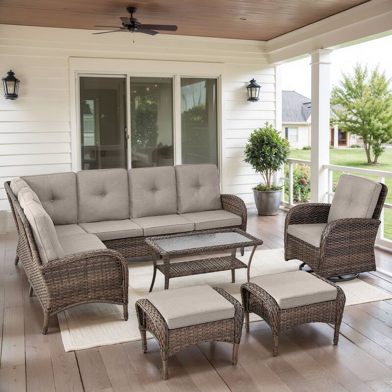 Outdoor Sectional Sofa with Swivel Chair Ottomans - Brown - Beige