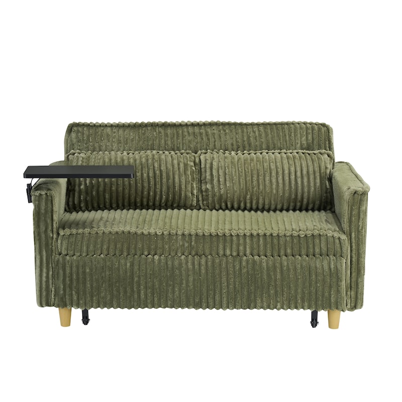 The Pull-Out And Push-In Corduroy Sofa With Dual Functions,Equipped With A Movable Tabletop And Usb Ports,Is Suitable