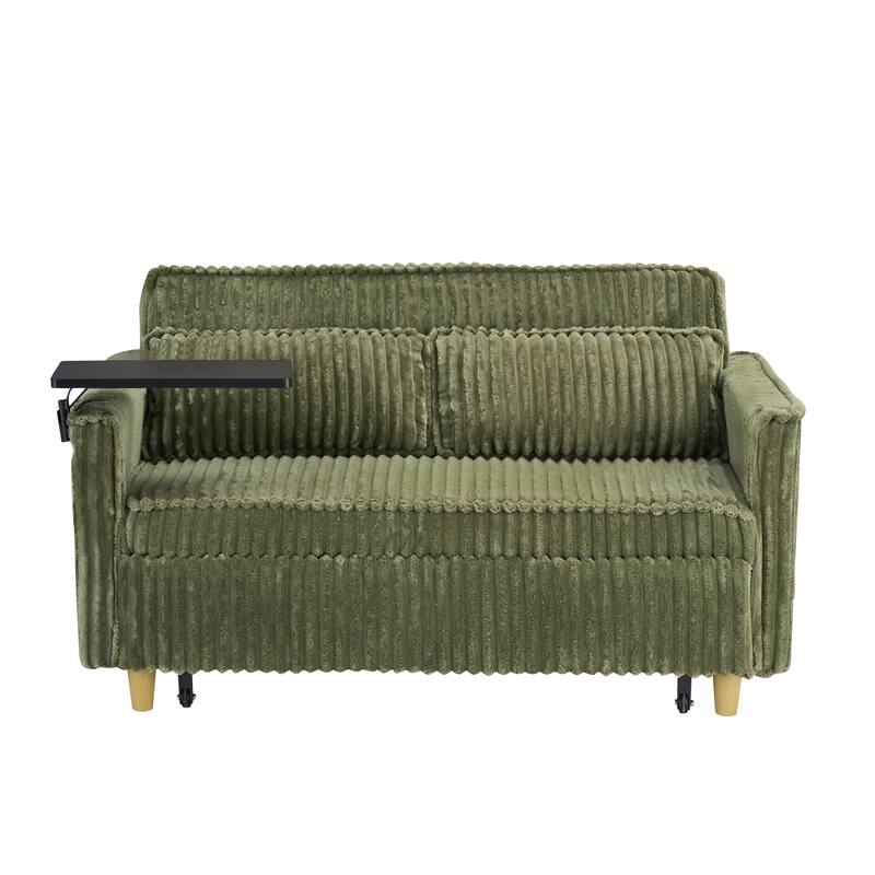 The pull-out and push-in green corduroy sofa with dual functions,equipped with a movable tabletop and USB ports