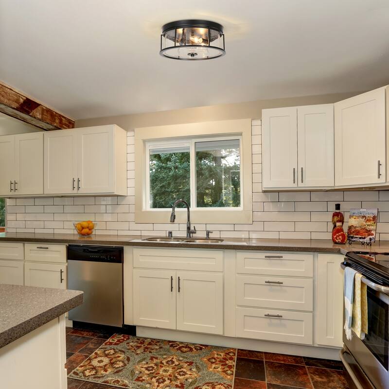 Modern Industrial 3-Light Glass Flush Mount Round Metal Ceiling Light - D 13"* H 6"
